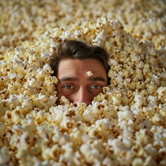 Obraz premium Man drowned in popcorn watches film in cinema. Leisure concept and weekend activities