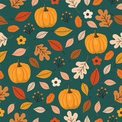 Seamless pattern with autumn Leaves, acorns, pumpkin and oak leaves for wallpaper, gift paper, pattern fills, textile, fall greeting cards.