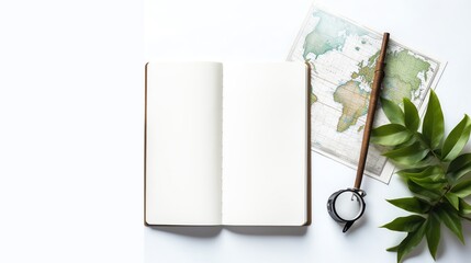 Minimalist styled image of a camera and travel journal on a solid white background perfect for depicting summer adventures and memories