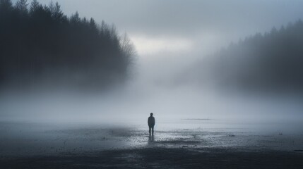 A silhouette of a solitary teenager stands against the backdrop of a misty lake, 