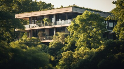 office building nestled among lush greenery, bathed in the warm glow of the morning sun, 
