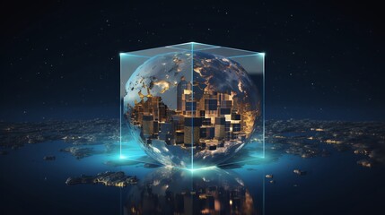 Fototapeta premium A glowing blue cube floating over a city. The cube contains a detailed model of the Earth.