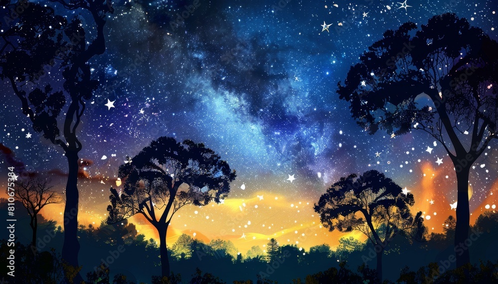 Sticker a dark sky with a few trees and a few stars by ai generated image