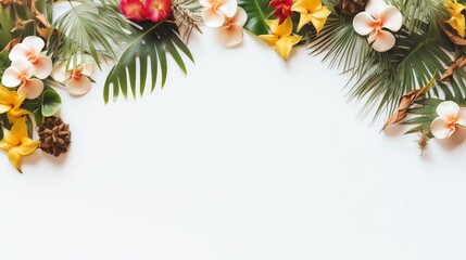Minimalist yet eyecatching photo of an Aloha Welcome banner in elegant script surrounded by tropical motifs arranged against a solid white background suitable for resort welcomes or beach weddings