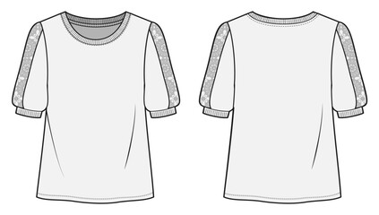 Women's short sleeve top, t-shirt , Fashion Flat Sketch Vector Illustration, CAD, Technical Drawing, Flat Drawing, Template, Mockup.