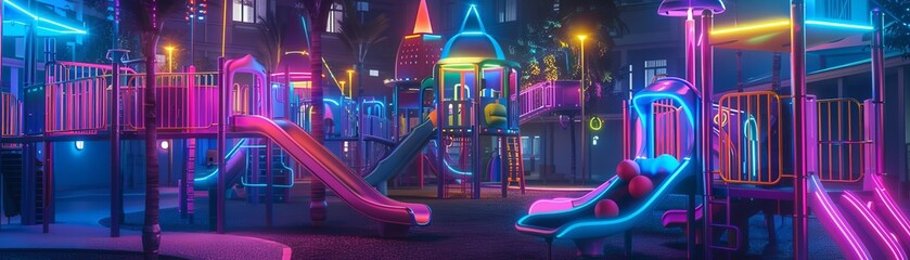 Glowing in the dark children's playground with slides and obstacles