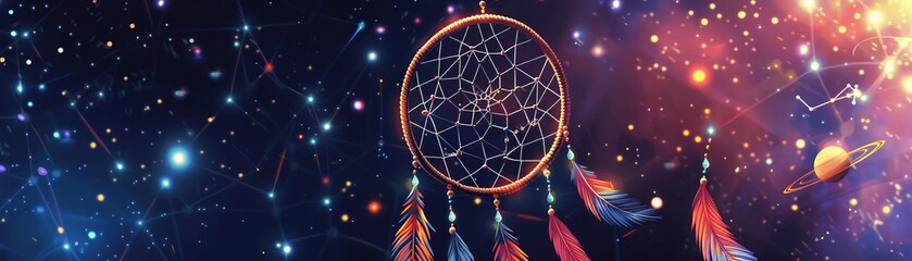 Dreamcatcher with colorful feathers against the backdrop of the starry sky.