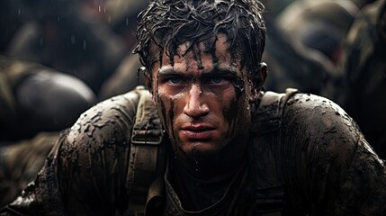 Obraz premium Portrait of a special forces soldier in the rain