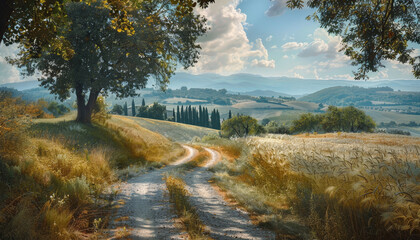 Naklejka premium A road in the countryside with trees in the background by AI generated image