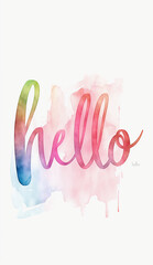Artistic watercolor rendering of ‘hello’ in flowing calligraphy, set against a pastel watercolor background, merging soft pinks, blues