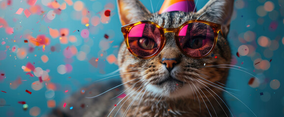 A cat wearing party glasses and a birthday hat, with a confetti background. Created with Ai