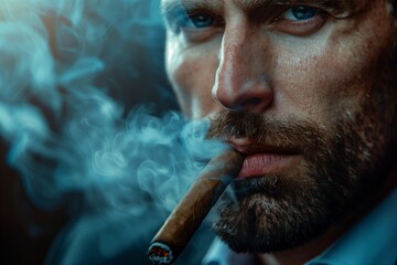 An adult male with facial hair is smoking a cigarette, a brutal businessman with a cigar in his mouth looking at the camera