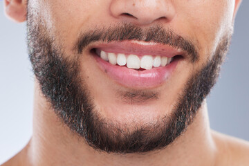Dental, smile and mouth of man in studio with fresh breath, confidence or oral hygiene treatment on...
