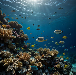 coral reef with fish, This stunning photograph captures a delicate balance of life and beauty amidst the vast expanse of water. The main subject of this image is the diverse marine life 