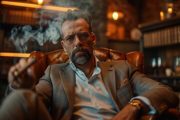A man is seated in a chair, smoking a cigarette. The mans posture is relaxed as he inhales and exhales smoke