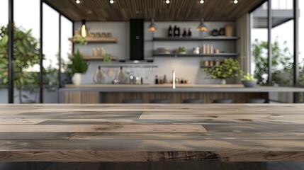 Empty wooden table in front of modern kitchen interior.