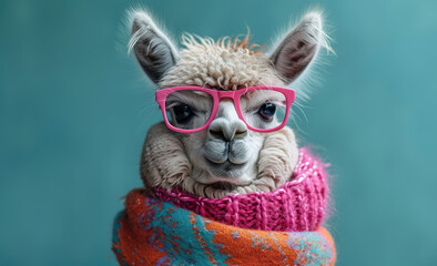 A cute alpaca wearing pink glasses and colorful scarf, looking at the camera, solid color background. Created with Ai