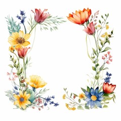 Obraz premium wildflower themed frame or border for photos and text. featuring a mix of colorful blooms and greenery. watercolor illustration, Botanical illustration for design, print or background.