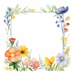 Fototapeta premium wildflower themed frame or border for photos and text. featuring a mix of colorful blooms and greenery. watercolor illustration, Botanical illustration for design, print or background.