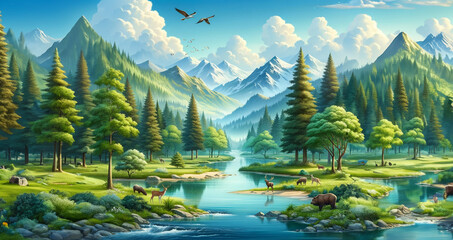 AI-generated illustration of an idyllic watery, forest, hilly and mountainous green landscape.