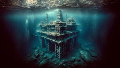 AI-generated image of a long abandoned and sunken oil rig in post-apocalyptic world.