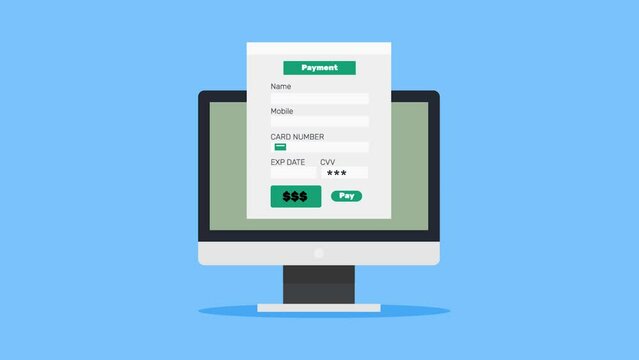 Online checkout interface, web browser with bank payment details information, financial technology video animation.