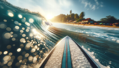 AI-generated image of surfing beach activity viewed from the front of a surf board.