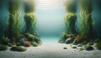 AI-generated image of an underwater scene of a shallow pond.