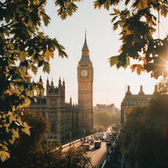 Obraz premium Sunset View of Big Ben Through Foliage in London