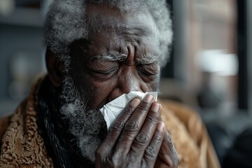 An elderly man with a long beard is standing and blowing his nose into a white handkerchief. He appears to be suffering from a runny nose or cold