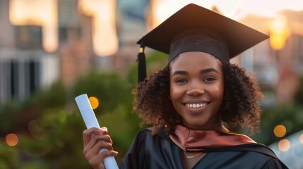 Close-up portrait of young black woman in a graduation gown and cap, holding a diploma with pride