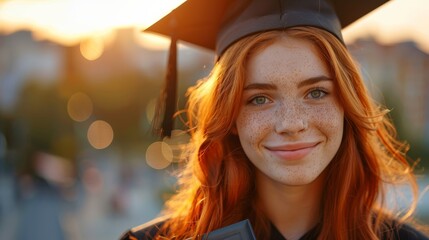 Close-up of young red-haired woman in a graduation gown and cap, holding a diploma with pride