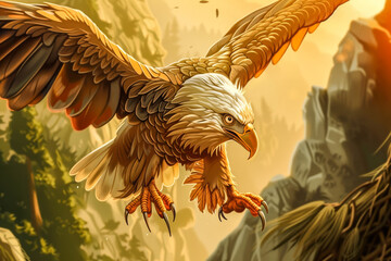 Cartoon Caricature of a Bald Eagle.  Generated Image.  A digital illustration of a cartoon caricature of a bald eagle in a forest.