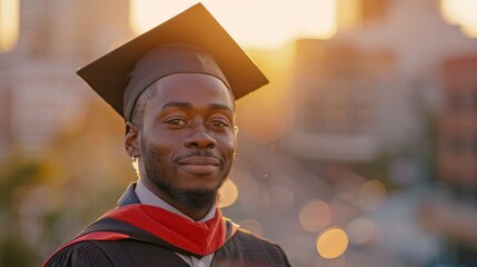 Close-up portrait of a young black man in a graduation gown and cap, holding a diploma with pride