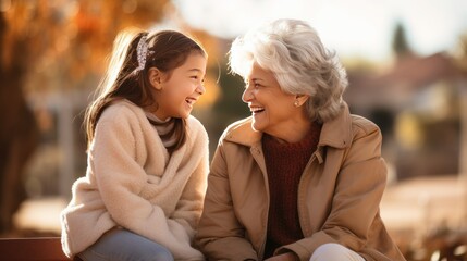 Obraz premium An elderly woman with silver hair and a warm smile sits on a park bench, laughing with her Gen Z granddaughter. 