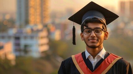 Close-up portrait of a young Indian man in a graduation gown and cap, holding a diploma with pride