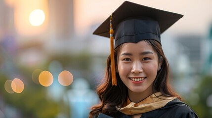 Close-up portrait of young Asian woman in a graduation gown and cap, holding a diploma with pride