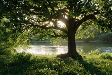 A large tree is in the foreground of a lush green field