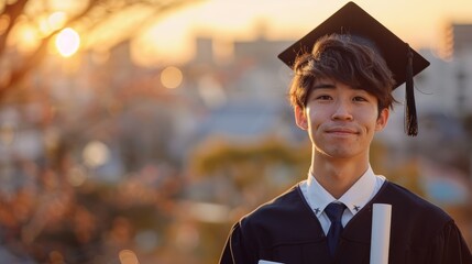Close-up portrait of young Asian man in a graduation gown and cap, holding a diploma with pride