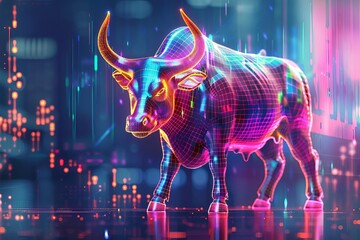 A digital bull glowing in vibrant colors, representing stock market optimism
