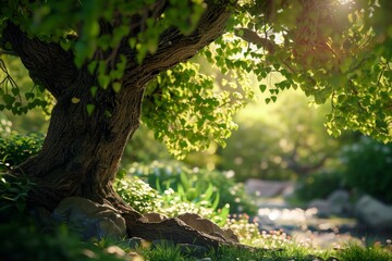 Obraz premium A large tree is in the foreground of a lush green field