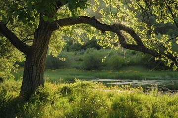 Fototapeta premium A large tree is in the foreground of a lush green field