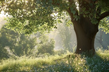 A large tree is in the foreground of a lush green field