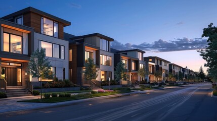 a row of townhouses at dusk. residential home in a modern development. modern building realistic