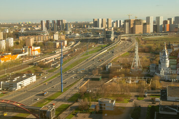 Fototapeta premium MOSCOW, Russia - April 20, 2024 : view from the Izmailovo Beta hotel on the North-Eastern chord. The North-Eastern chord is a new highway that will connect three districts of the capital