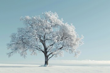 A tree covered in snow is standing in a field