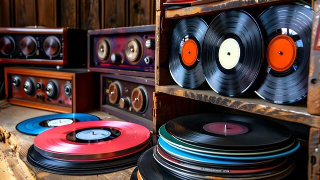 Vintage audio equipment and vinyl records for music enthusiasts in retro style. Concept Music, Vintage, Audio Equipment, Vinyl Records, Retro Style