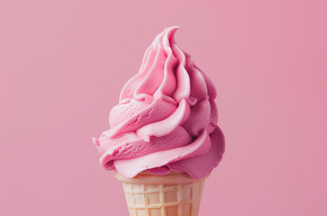 Pink ice cream in a cone on a pink background