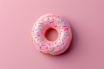 Pink donut with glaze and sprinkles, top view