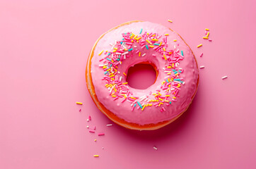 Pink donut with icing top view